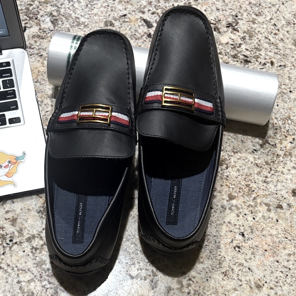 Tommy Hilfiger Black Loafers with Gold and Red Accents